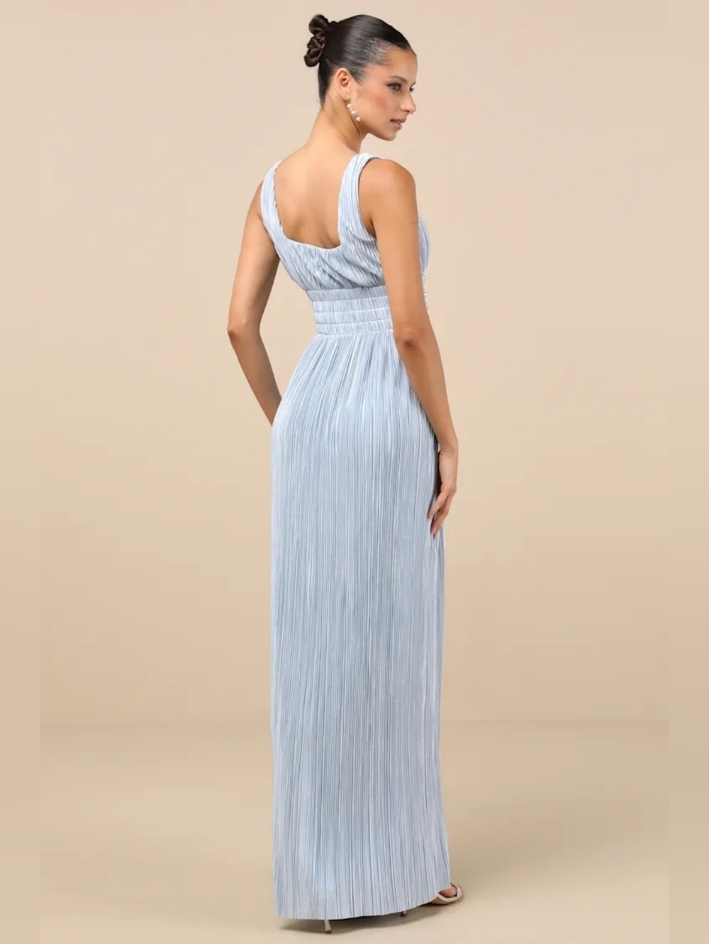 Lulus Ameena Light Blue Plisse Square Neck Sash Maxi Dress Wedding Party Prom - Picture 5 of 9